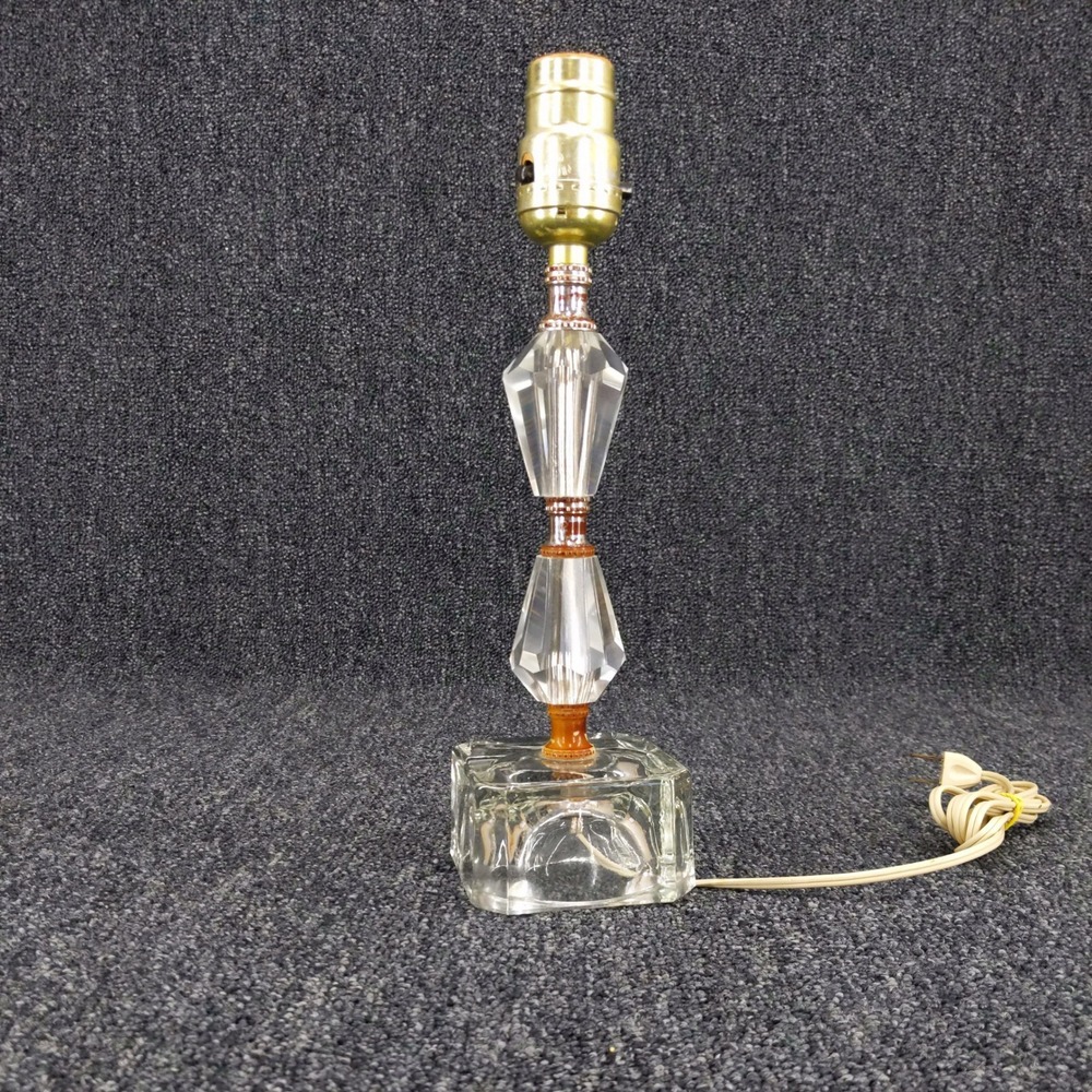 Vintage Glass Table Lamp Clear Stacked Prism Geometric Square Base Brass Accent